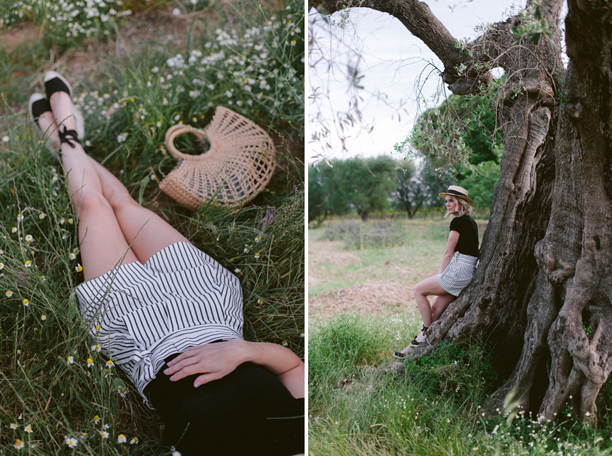 Outfit Inspiration Sommer Keilsandalen , Strohhut, gestreifte High Waits Shorts